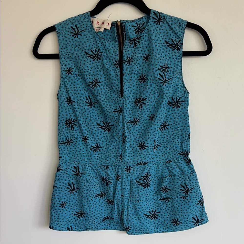 Marni Blue Sleeveless Top with Black Floral Pattern Perfect Condition